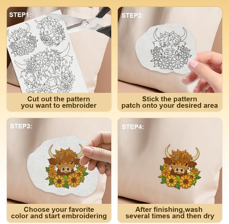 DOODLREAM 27Pcs Farm Animals and Flowers Embroidery Pattern Stabilizer, 8.3"x11.7" Highland Cow Sheep Water Soluble Stick and Stitch Embroidery Sticker, 4 Sheets Rabbit Duck Hand Sewing DIY Embroidery Paper - Image 4